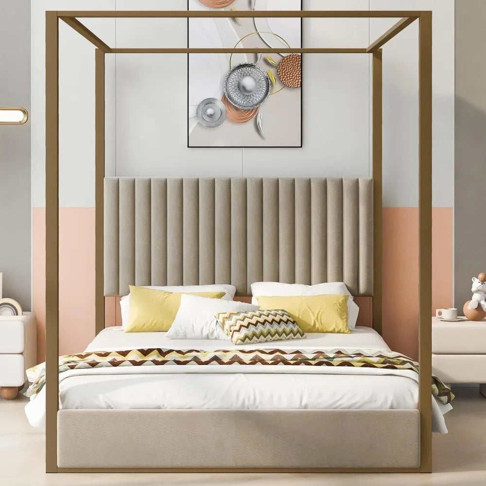 Contemporary Queen Upholstered Canopy Bed with Headboard and Metal Low Profile Platform