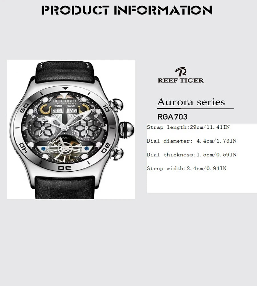 reef tiger brand men's fully automatic mechanical watch, business men's watch, personalized and fashionable men's sports watch