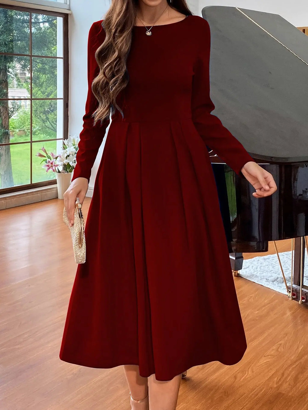 Wine Red Long Sleeve Round Neck Waist Seam A-Line Simple & Elegant Women Dress For Christmas