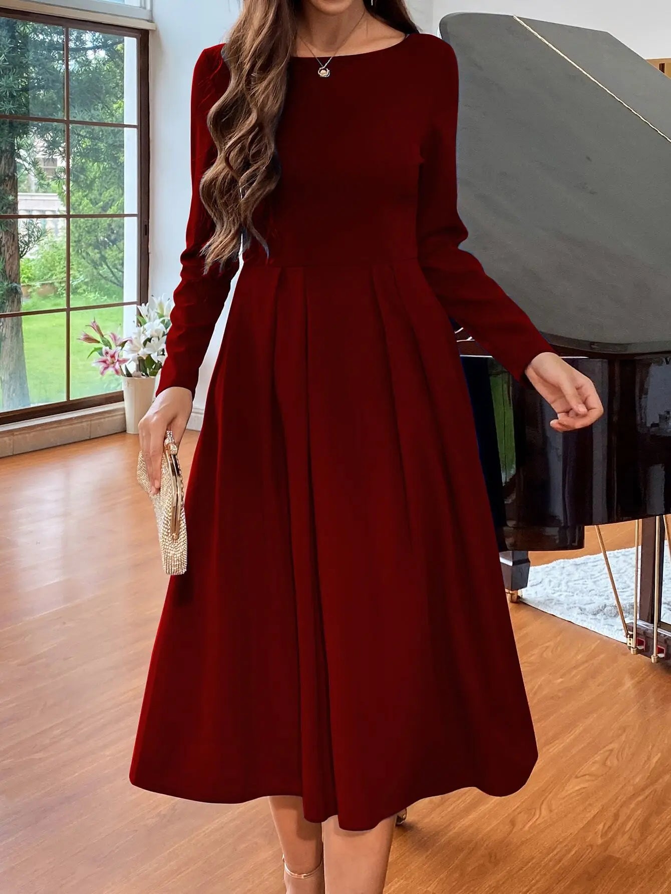 Wine Red Long Sleeve Round Neck Waist Seam A-Line Simple & Elegant Women Dress For Christmas