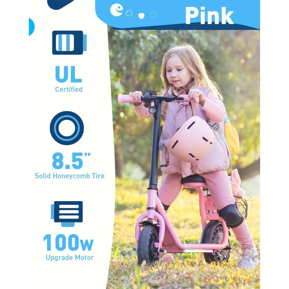 Child Electric Scooter with Seat, UL Certified, 100W Motor, 9.3 MPH, 3-Speed Adjustable, Suitable for Ages 4-10