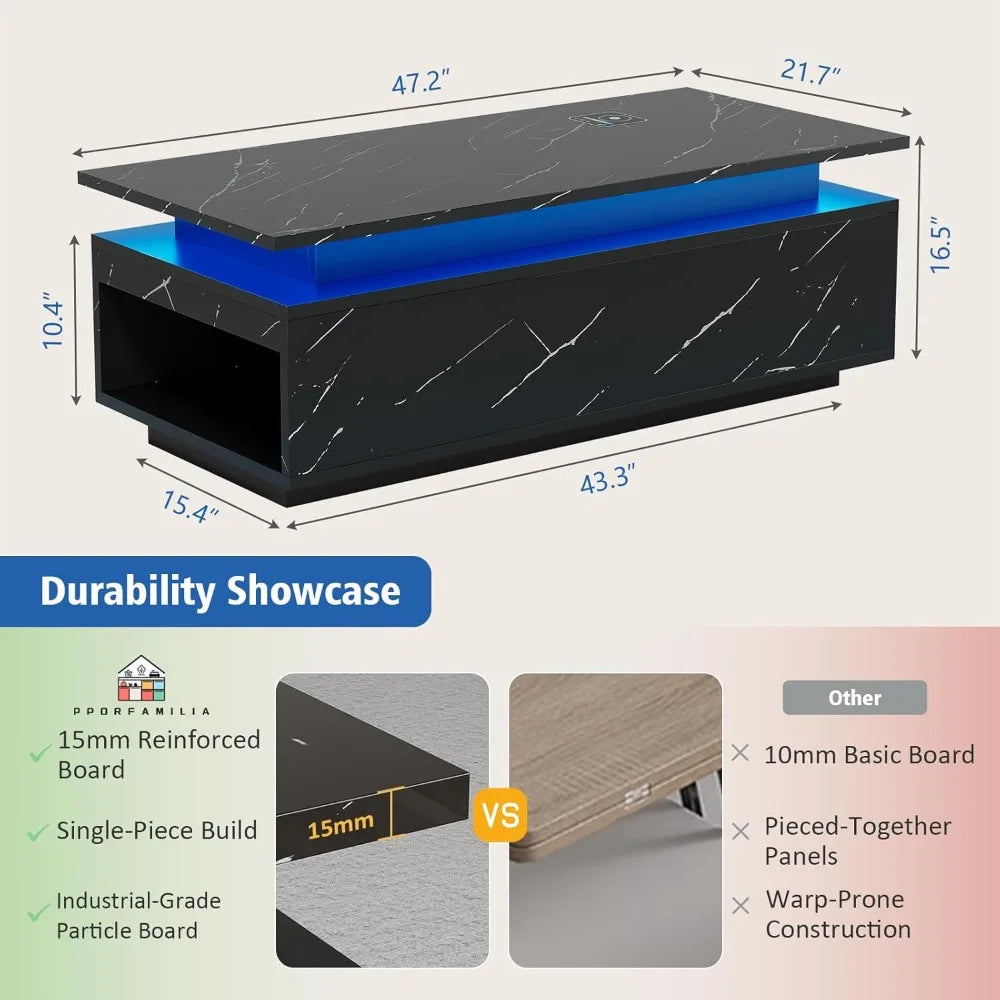 LED Coffee Table with Storage, Black Coffee Table with Wireless Charging and Speaker, High Glossy Modern Center Table with 24 Co