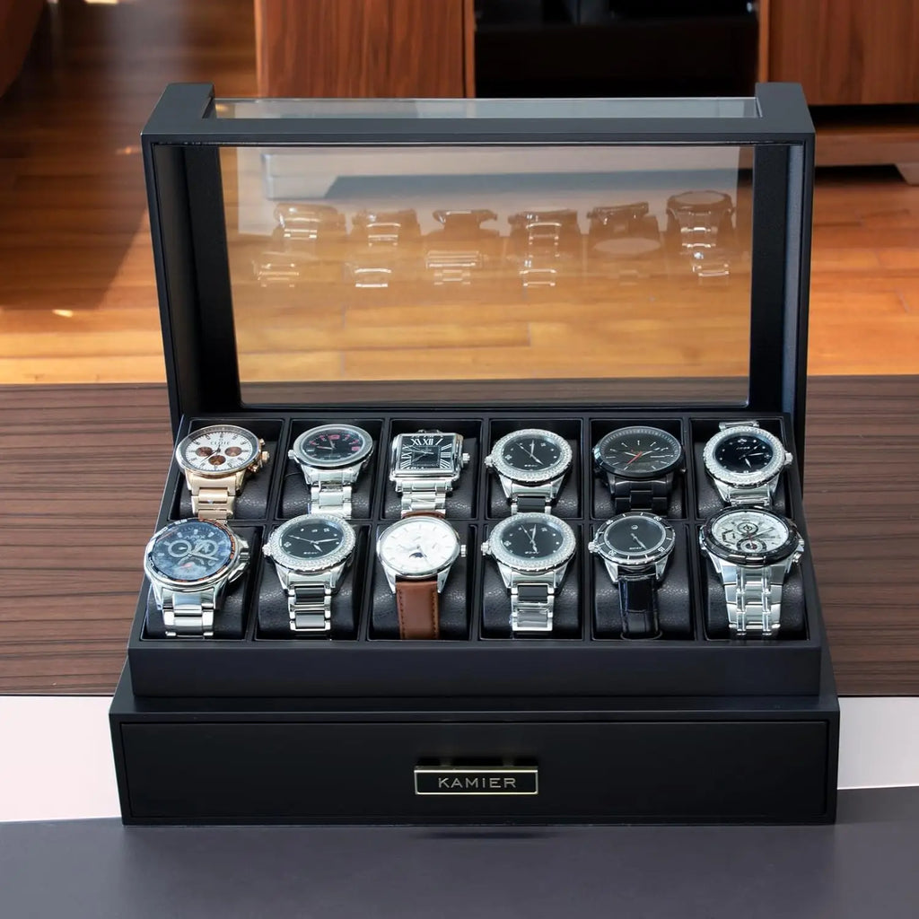 12-Slot Wooden Watch Case with Glass Lid and Drawer, Ideal Gift for Men and Women