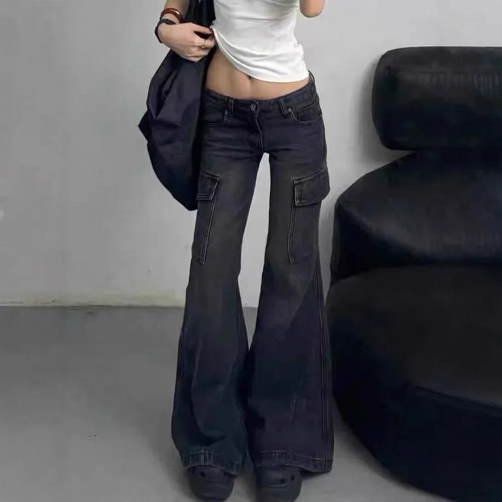 Trendy American Style Low Waist Micro Flared Work Denim Jeans Women's Autumn/Winter New Pocket Slimming Casual Pants