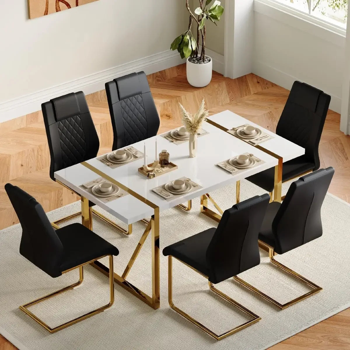 Dining Table Set for 6, Kitchen Table Chairs Set of 6, 55" White High-Gloss Lacquered Tabletop & Electroplated Metal Frame