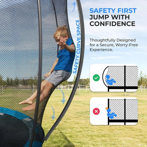 12FT Outdoor Trampoline for Recreational Backyard Trampoline with Curved Safety Poles and Net Enclosure- ASTM Approval for Adult