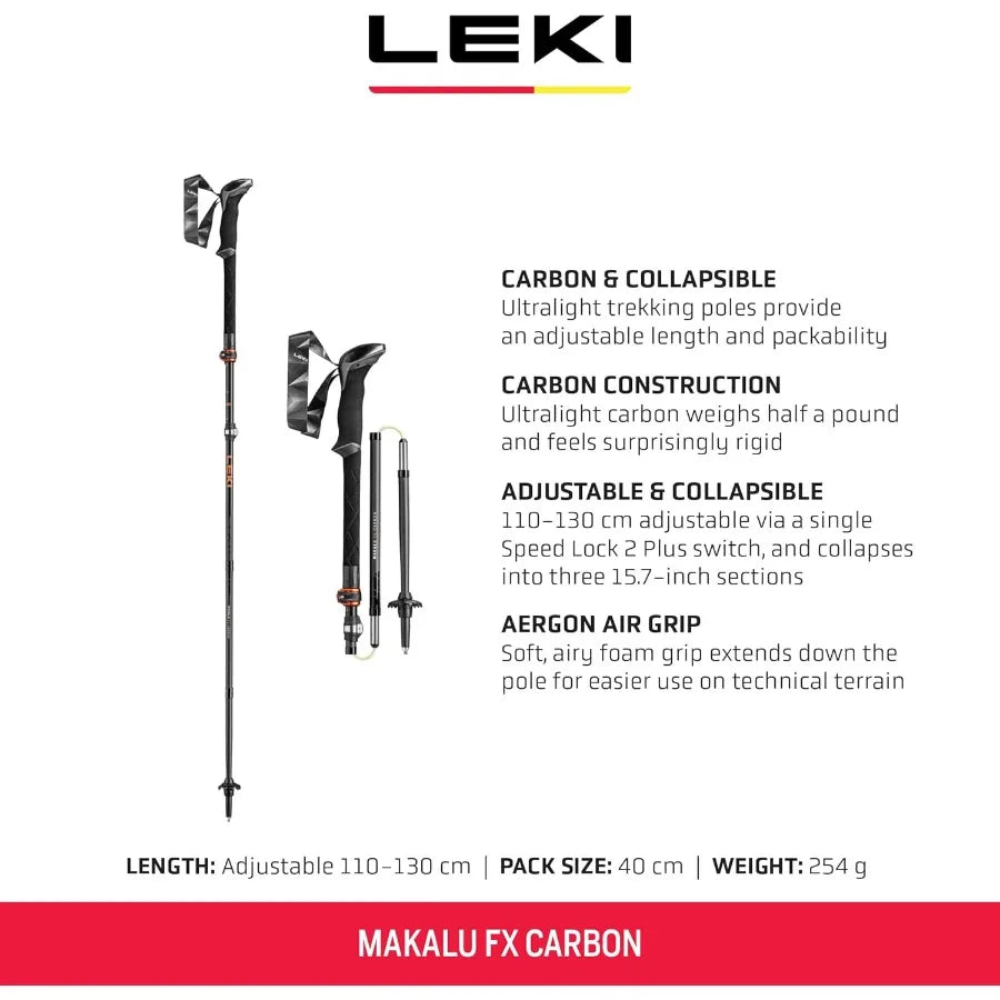 LEKI Makalu FX Carbon Trekking Poles - Foldable Collapsible Lightweight Walking Poles for Hiking in Black with Carbon Fiber Con