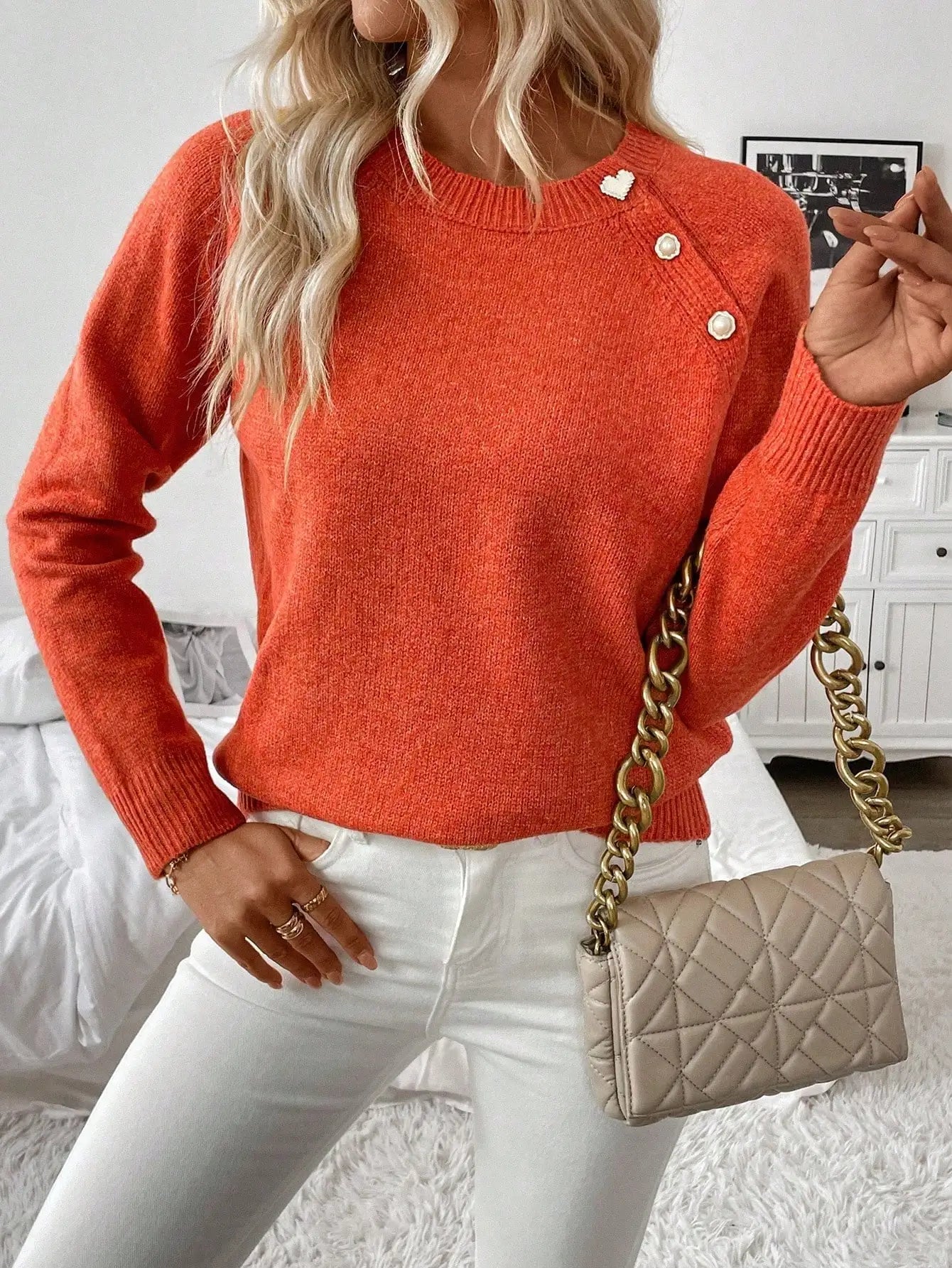 Orange Long Sleeve Knit Pullover with Pearl Buttons and Heart Detail, Fall Winter Basic Sweater