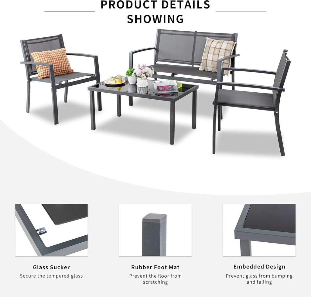 4-Piece Outdoor Patio Set with Glass Table, Loveseat & 2 Chairs for Garden, Lawn, Porch in Gray