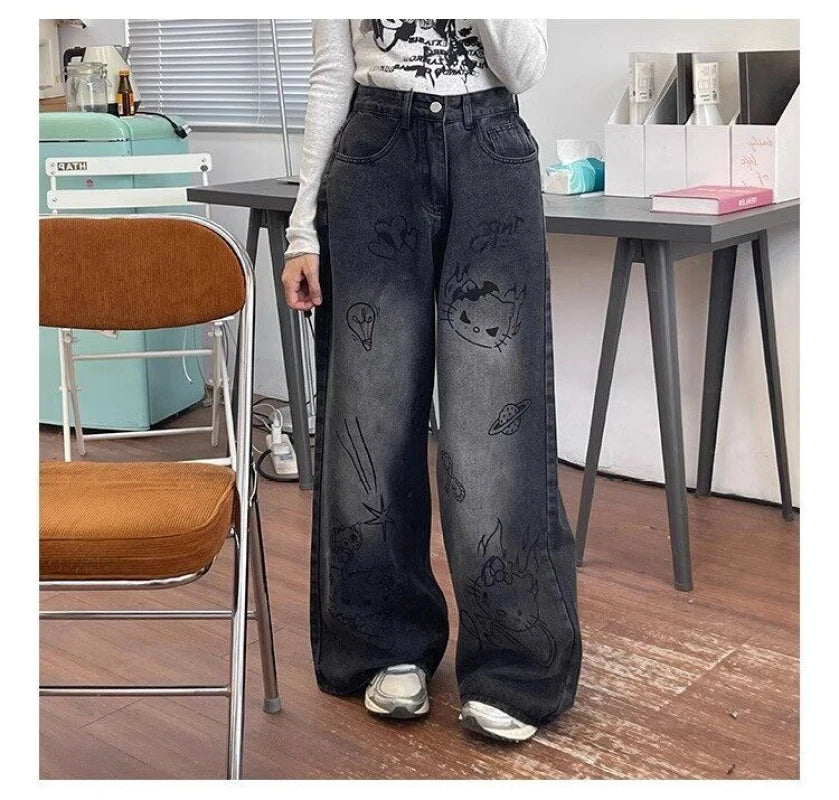 Vintage Cartoon Cute Scrawl Y2k Jeans American High Street All-match Pants for Women 2024 Spring Summer New Jeans Women