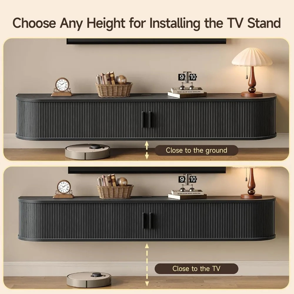 75-Inch TV Floating Stand with Built-In Power Outlet, LED Light Remote Control Fluted Entertainment Center, Mid-Century Modern S