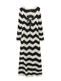 Women's Fashion new Europe and the United States style sexy V-neck hollow tie black and white striped knitted dress