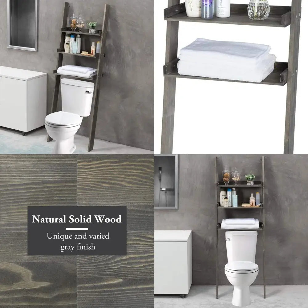 Gray 3-Tier Wooden Bathroom Ladder Shelf - Over-the-Toilet Storage Organizer