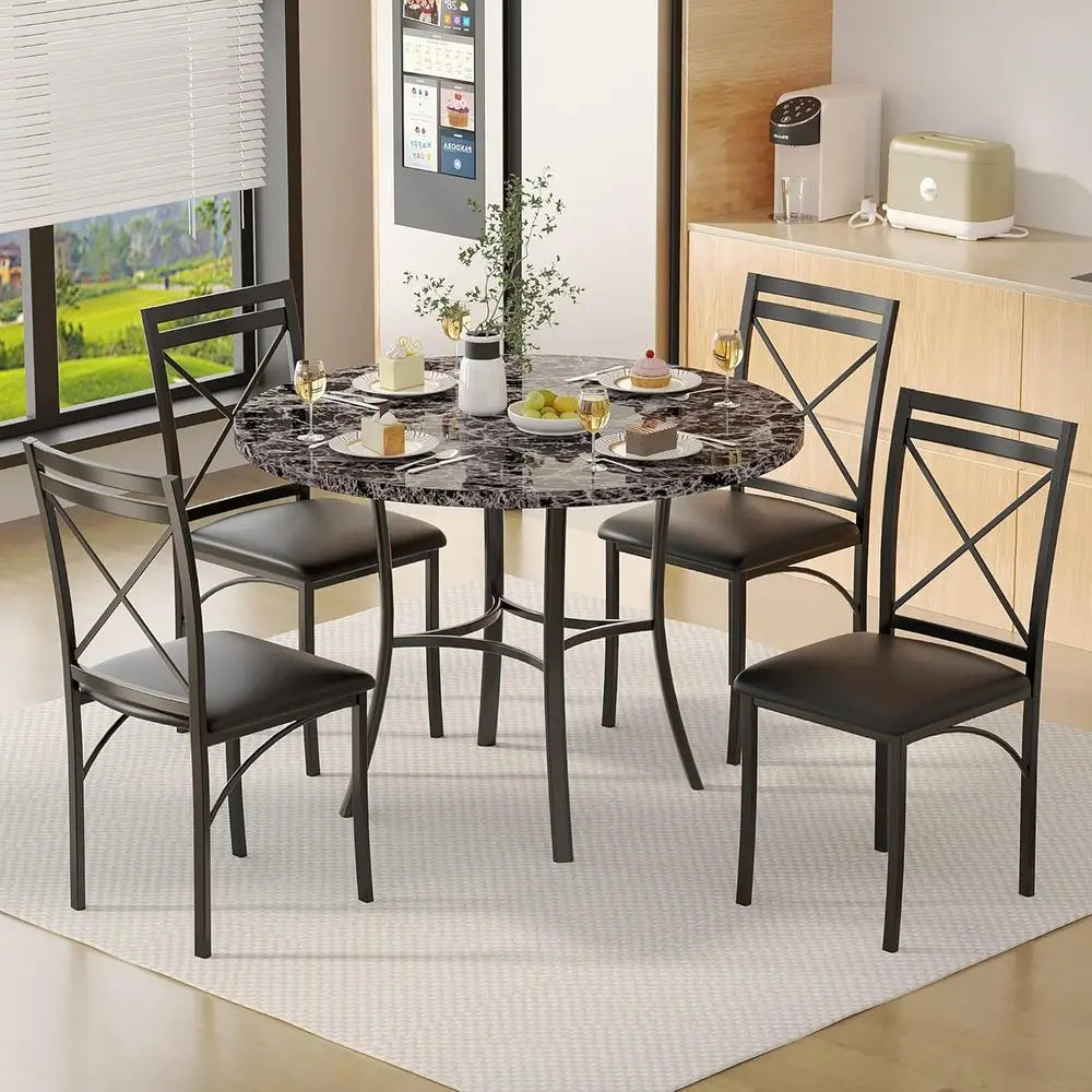 Space-Saving Grey Faux Marble Round Dining Table for 4 with Metal Frame, Ideal for Kitchen and Apartment