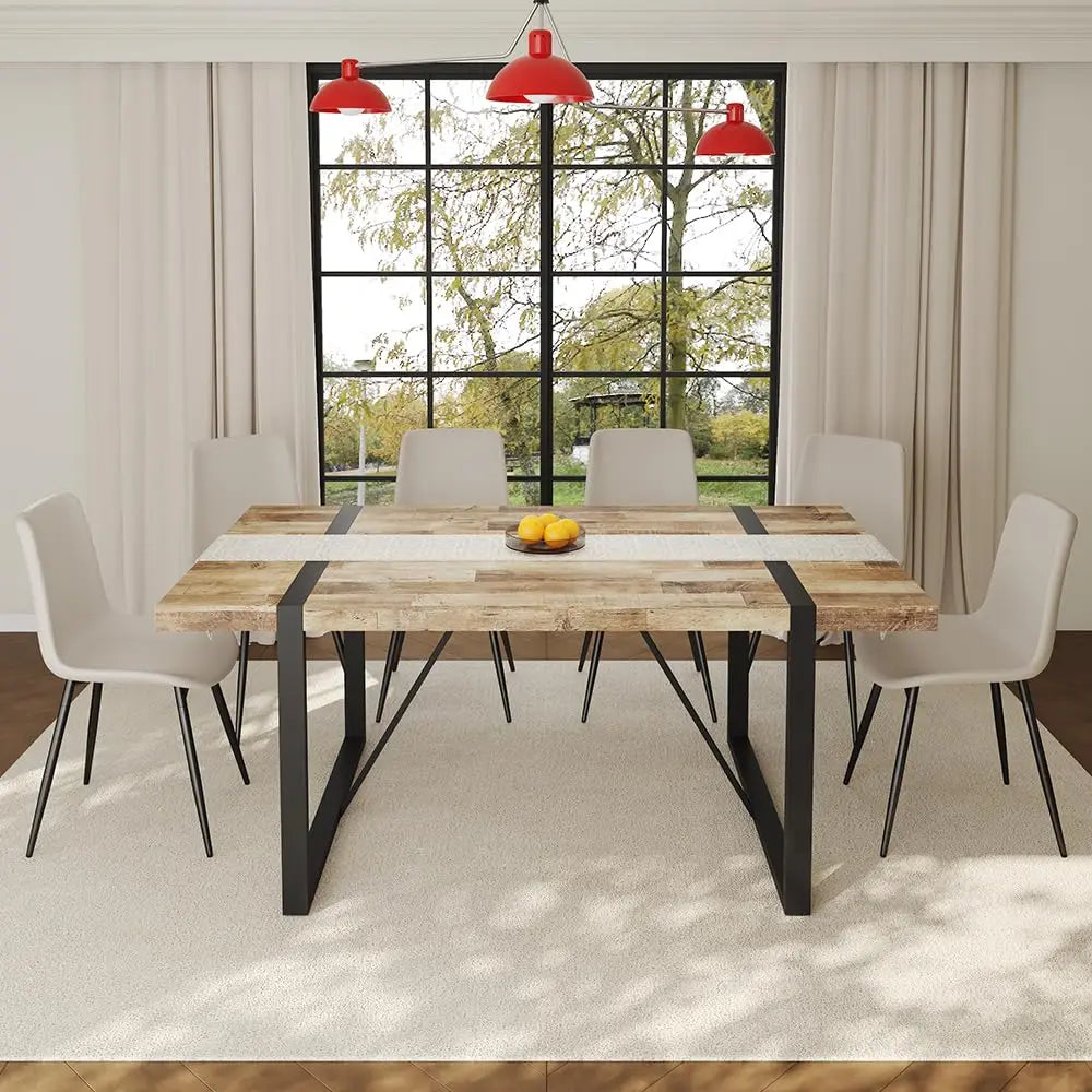 Wood Dining Table Set for 6, 71" Large Rectangular Kitchen & Dining Room Table with 6 Suede Upholstered Chairs,, Customized