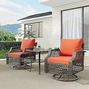 3 Piece Outdoor Swivel Chair Set, Wicker Patio Bistro Set with Thickened 25D Cushions and Glass Coffee Table, Patio Furniture C
