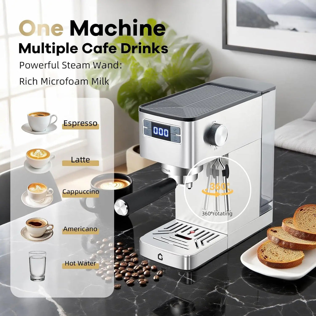 20-Bar Espresso Machine With Steam Milk Frother Stainless Steel 34oz Removable Tank Compact Silver Home Barista Maker