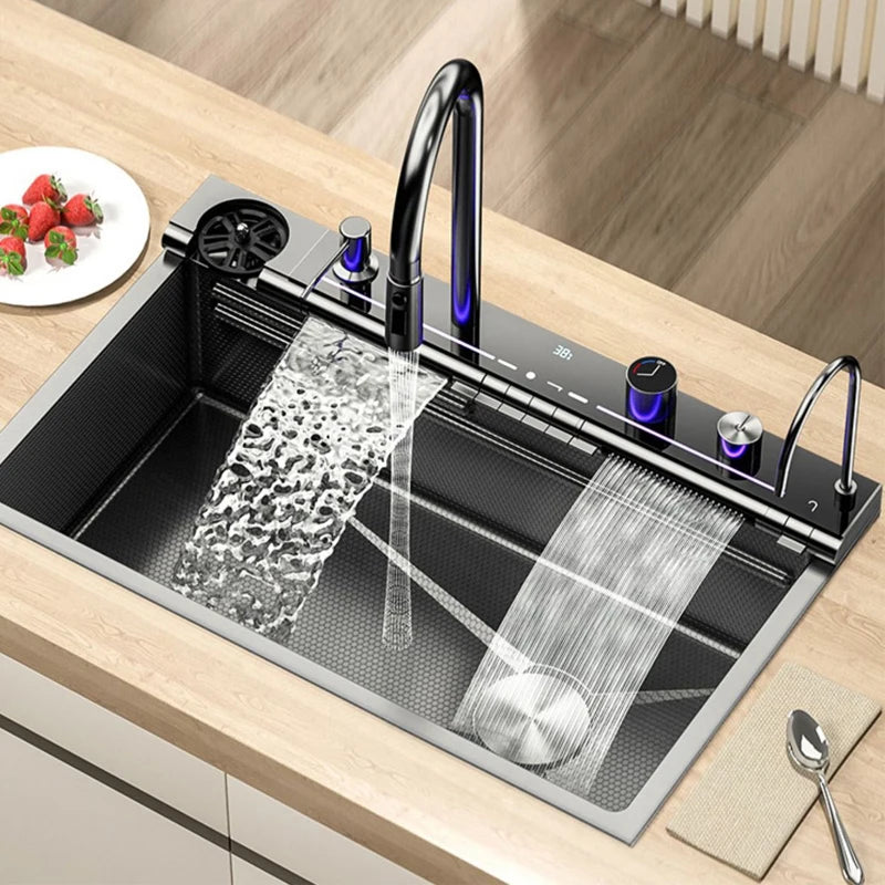 Grey Stainless Steel Waterfall Kitchen Sink Large Single Slot Integrated Digital Display Faucet Set Soap Dispenser Cup Washer