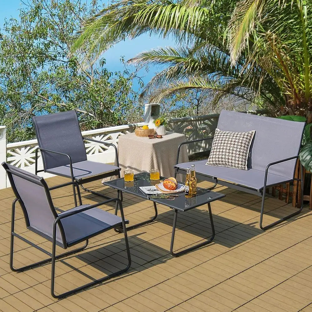 Gray Outdoor Patio Furniture Set: 4-Piece Metal and Fabric Conversation Area with Tempered Glass Table for Garden, Poolside Use