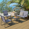 Gray Outdoor Patio Furniture Set: 4-Piece Metal and Fabric Conversation Area with Tempered Glass Table for Garden, Poolside Use