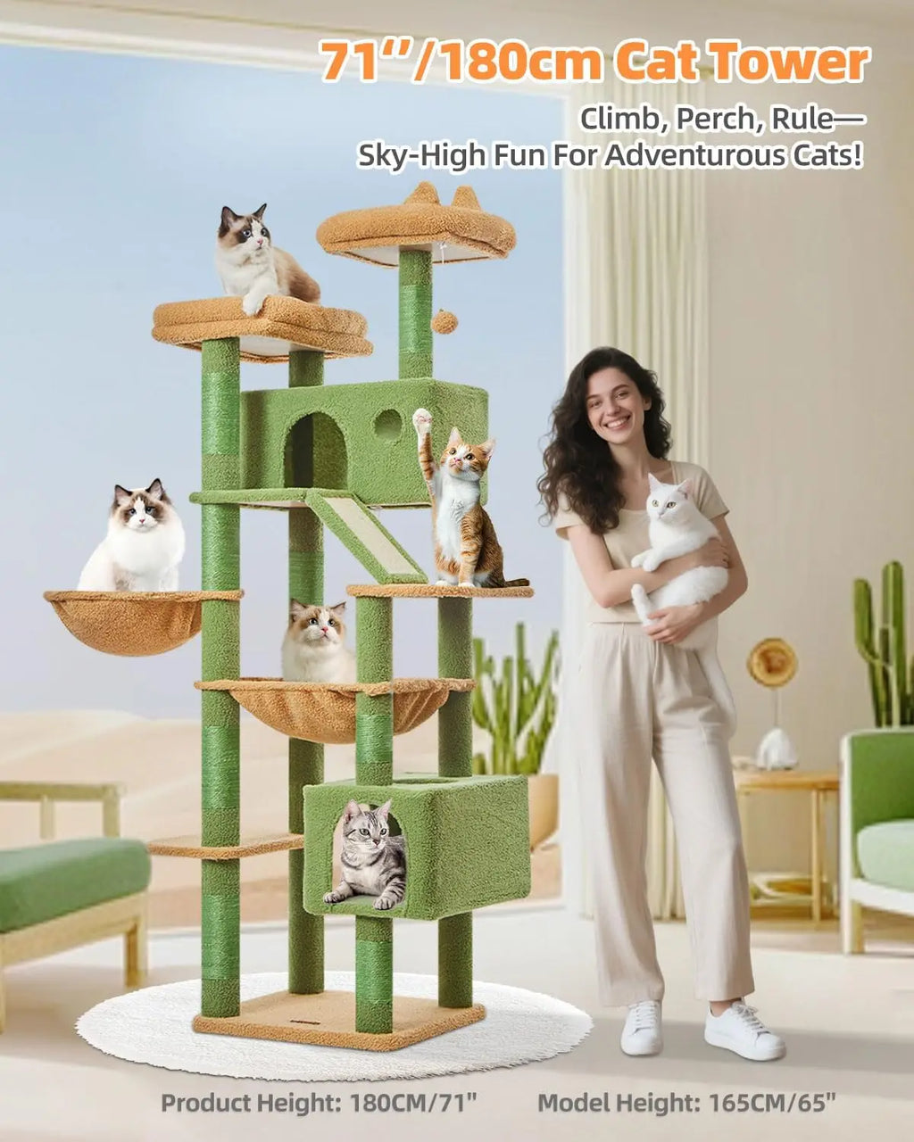 71-Inch Multi-Level Cat Tree with 8 Sisal Posts, Hammock & Condo for Large Indoor Cats