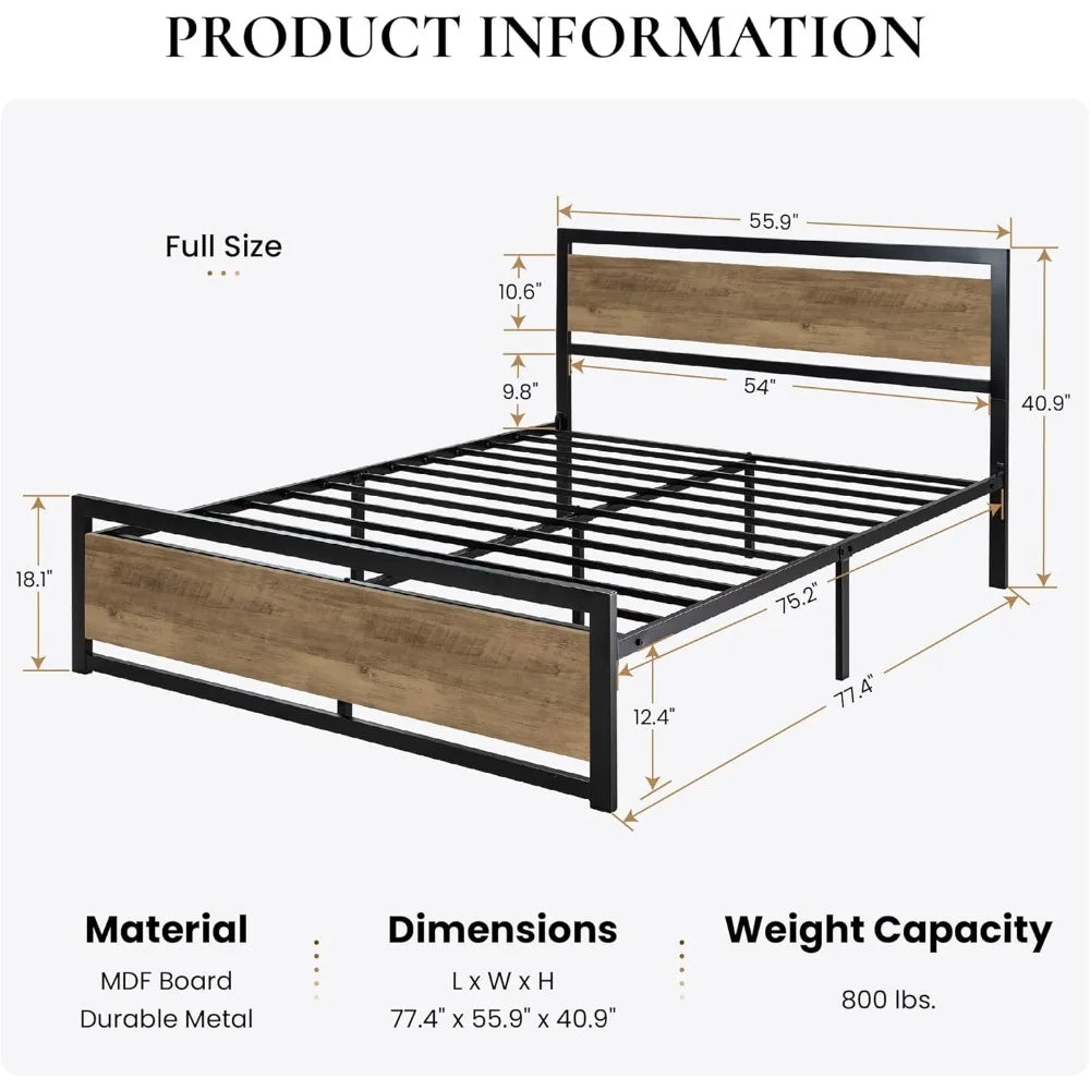 SHA CERLIN Full Size Bed Frame with Modern Headboard, Heavy Duty Platform Metal Base with Square Footboard and 13 Strong Slats S