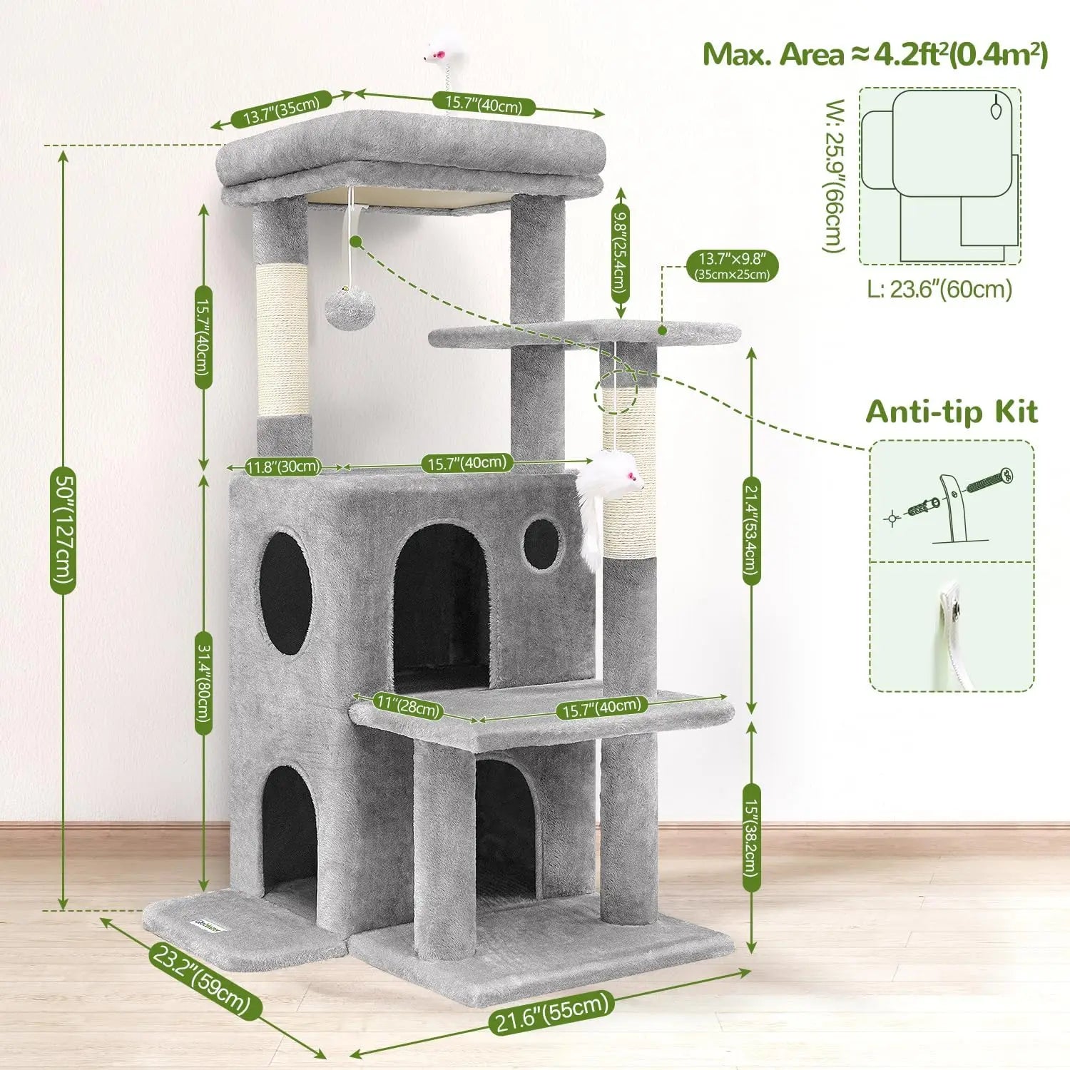 50-inch Cat Tree Tower for Large Indoor Cats with Steps, Scratching Post, Caves, and Toys in Light Grey