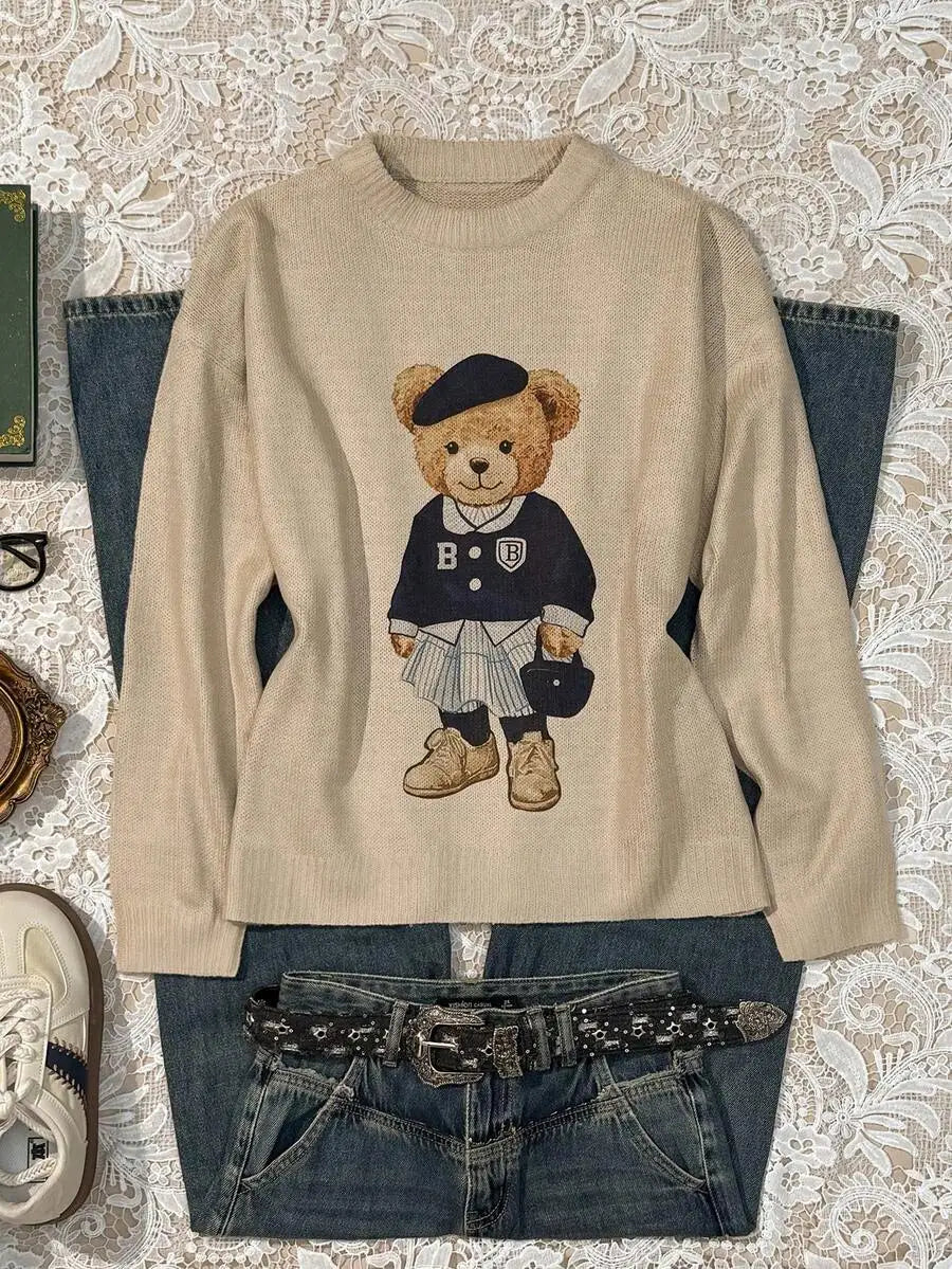 Navy Blue Collegiate Bear Print Pullover Sweater for Women, Autumn Winter Casual Style