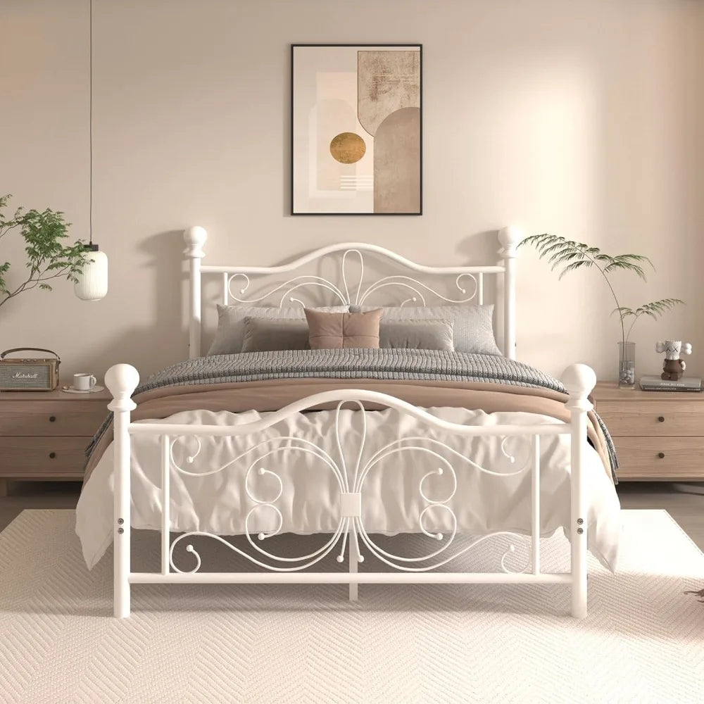 Full Size Bed Frame，Metal Platform Bed Frame with Headboard, Butterfly Pattern Design Headboard & Footboard, Strong Metal Slat S
