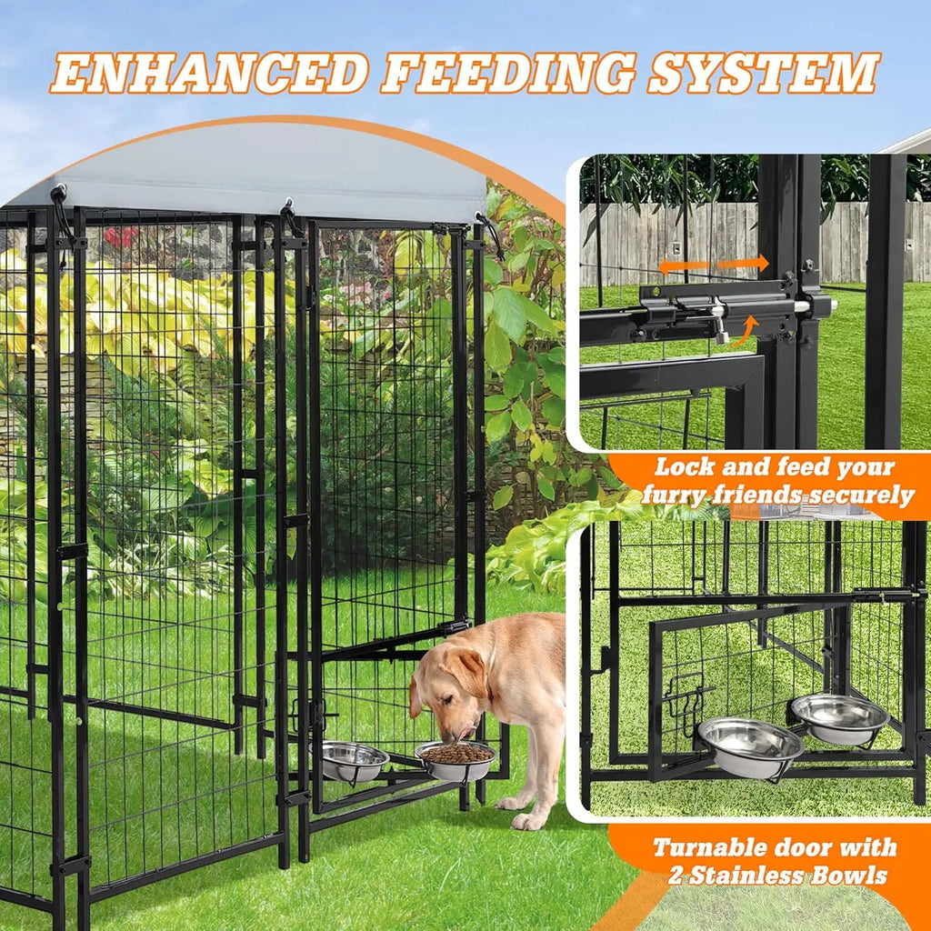 8x4x6 FT Outside Large Dog Kennel with roof - Outdoor Heavy Duty Welded Wire Steel Dog Playpen with Rotating Bowls, Dog Run