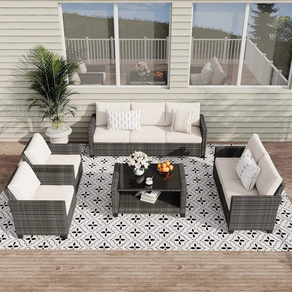 5 Piece Outdoor Patio Furniture Set with Coffee Table, Rattan Deck Conversation Sofa Set, All-Weather Sectional Rattan Sofa with