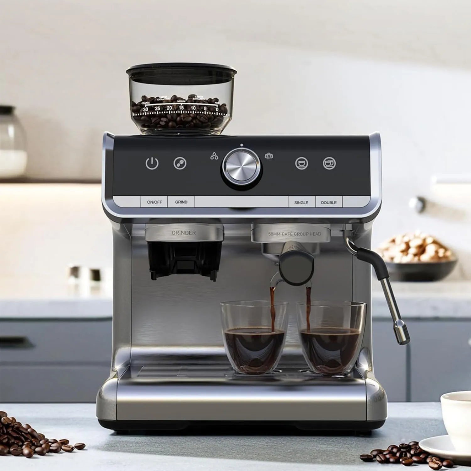 Semi-Automatic Espresso Machine 1450W Power 20 Bar Pressure 30 Grind Settings Fast Heat-Up Milk Frother Steam Wand for Home