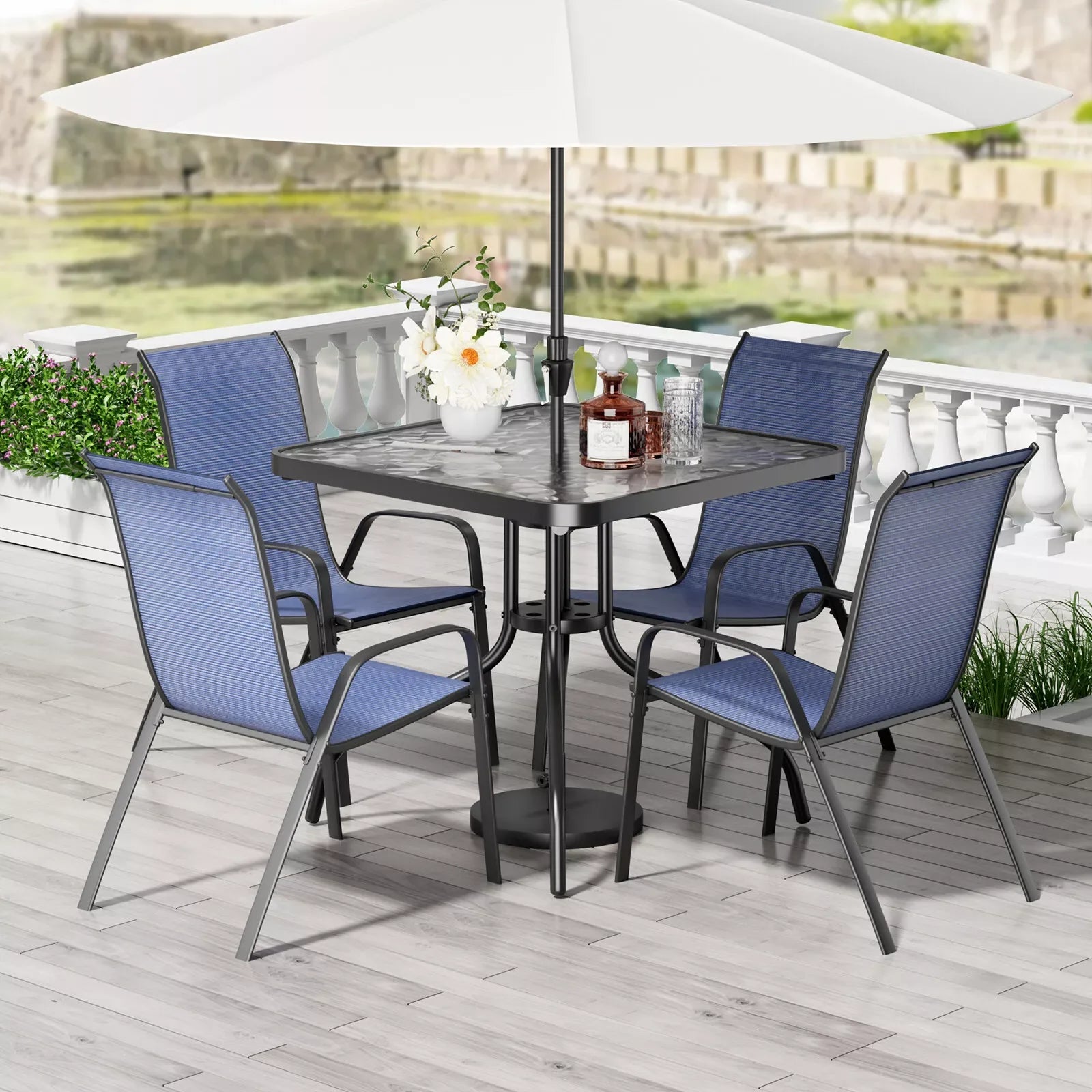 Patio Dining Set 5 Pieces, All Weather Outdoor Furniture W/ 30"x30" Table and 4 Stackable Textilene Chairs, Metal Table & Chairs