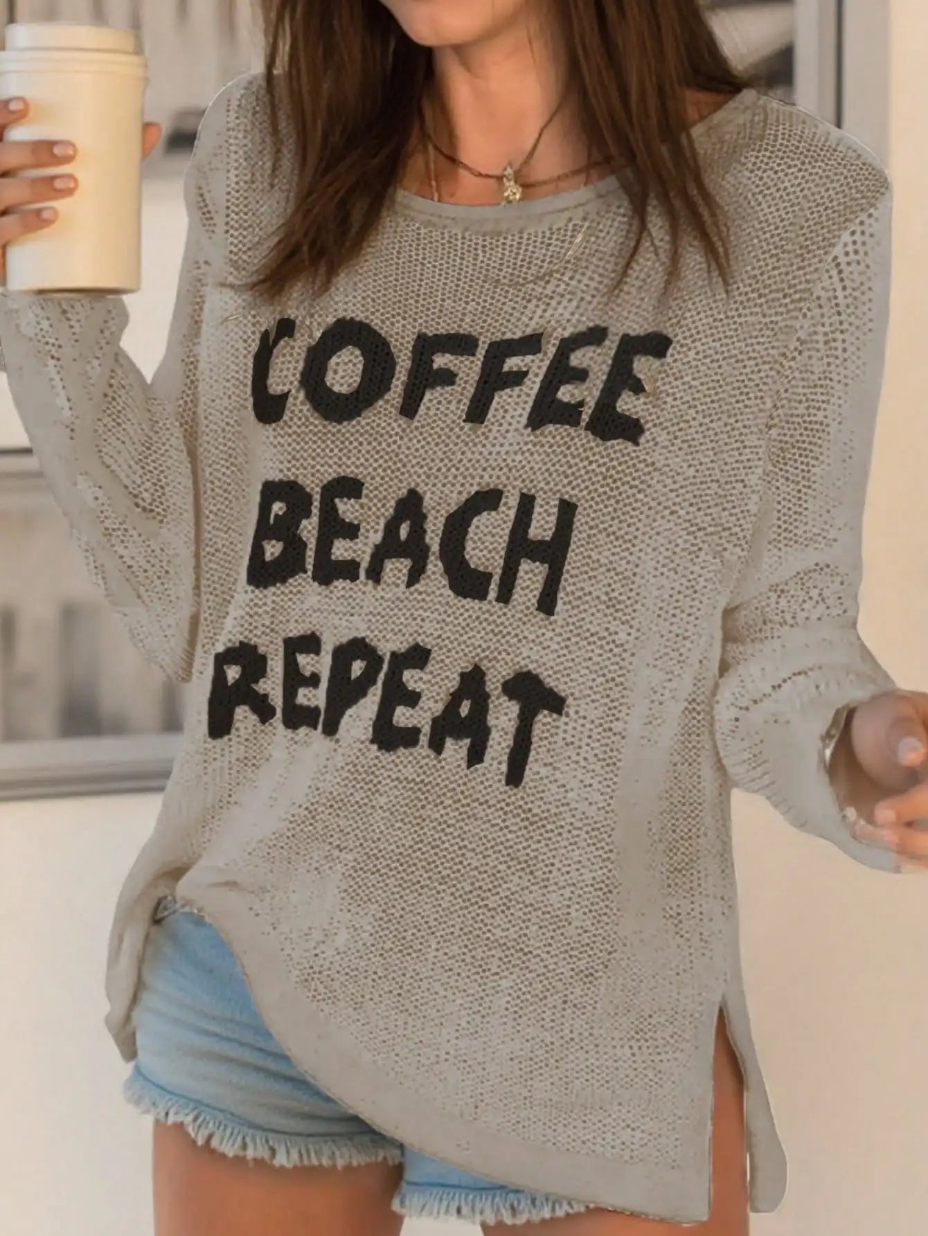 White Coffee Beach Repeat Letter Knit Sweater, Long Sleeve Side Slit Casual Pullover for Women