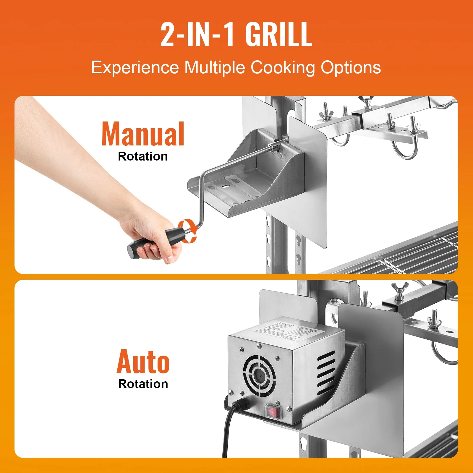 SucceBuy 46inch Rotisserie Grill with Windscreen Charcoal Spit Grill 132 Lbs Capacity Stainless Steel Roaster w/ Lockable Wheels