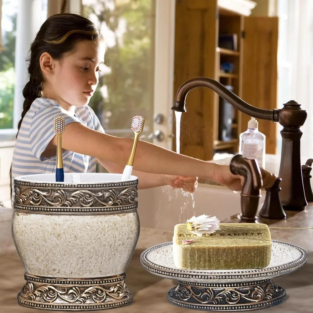 6 Pieces Bathroom Accessories Set Including Trash Can, Cup, Toothbrush Holders, Soap Dishes, Soap Dispenser and Toilet Brush,