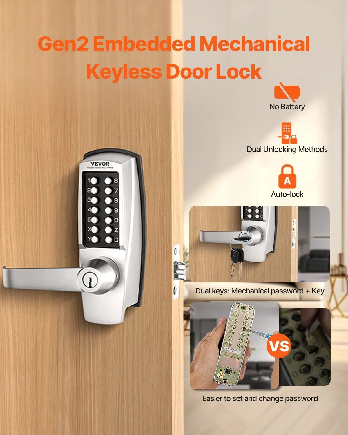 Mechanical Keyless Entry Door Lock Stainless Steel Waterproof Keypad Lock with Automatic Locking Mode for Home Office and Garage
