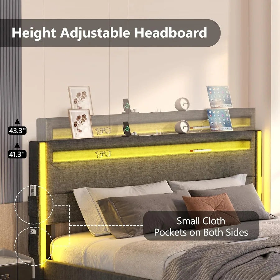 King Size Bed Frame and Adjustable Headboard Light up King Size Platform Bed Frame with TypeC USB Charging Station LED Upholste