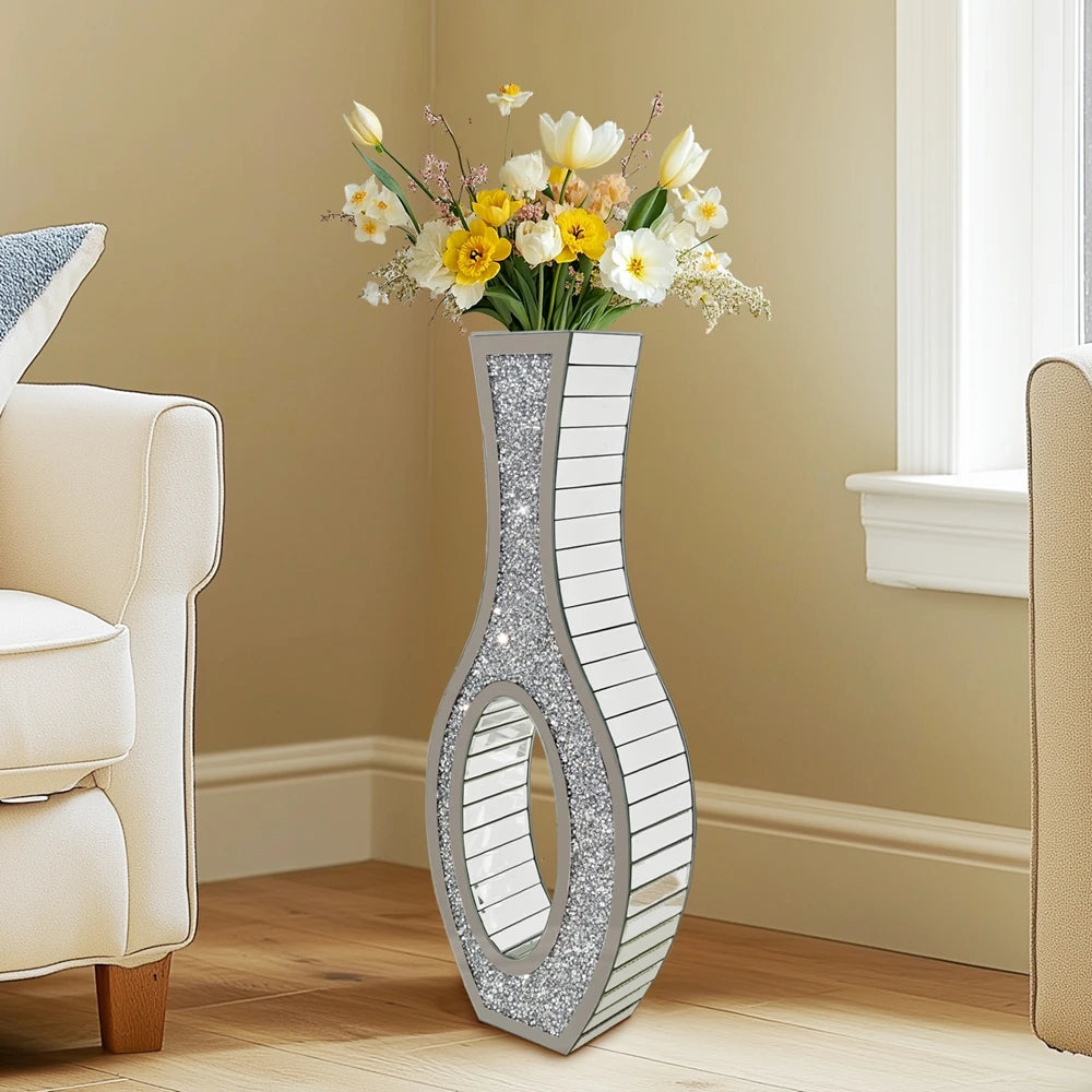 Tall Silver Mirrored Vase Decorative Crush Diamond Floor Grass Vase