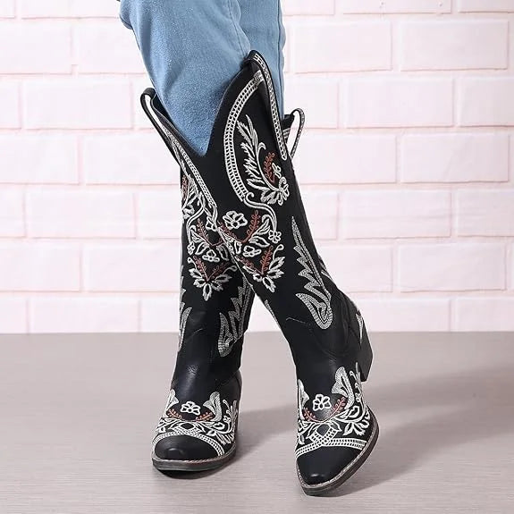 GIGIFOX Knee-High Boots Cowboy Boots For Women Western Cowgirl Boots Outdoor Mid Calf Snip Toe Boot With Chunky Heel Dress Wear