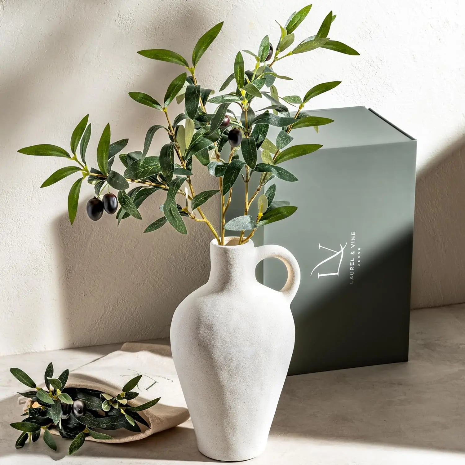 Textured Ceramic Vase with Olive Branches, 10 Inch Tall White Minimalist Decor for Home Office Gifting