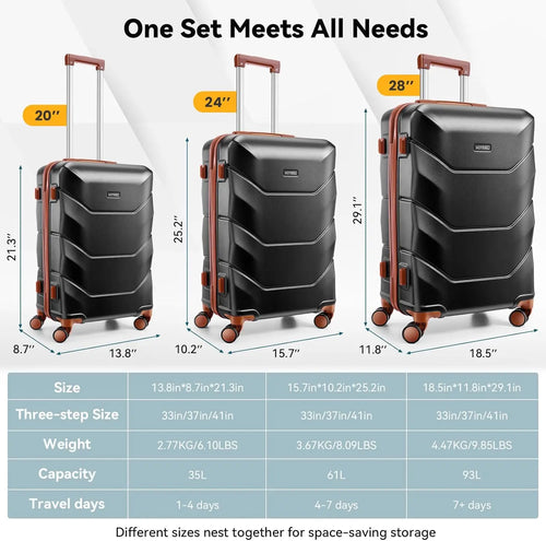 3 Piece Luggage Set ABS Hardshell Suitcase With Spinner Wheels TSA Lock Travel Carry On Luggages For Business 20/24/28 Inch