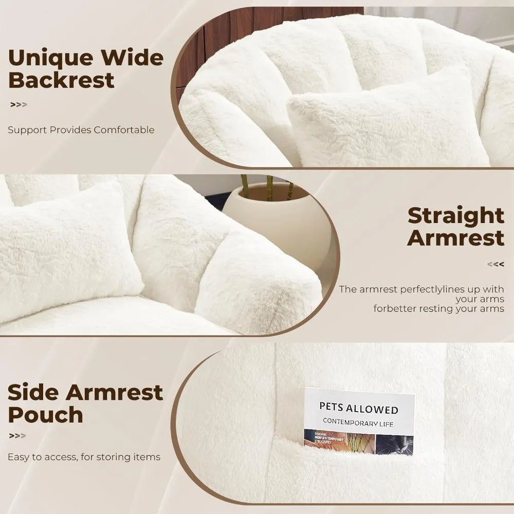 Oversized Bean Bag Chair with Pillow for Adults - Comfy Fluffy Faux Rabbit Fur Lazy Floor Sofa, Lounge Boneless Accent