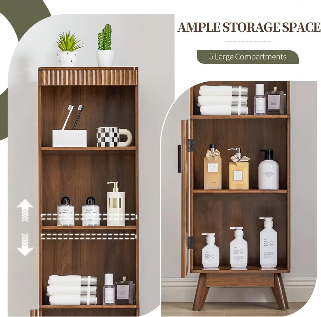 68' Tall Narrow Bathroom Cabinet, Walnut Fluted Storage Unit with Door & Shelves, Slim Space-Saving Design for Bath, Kitchen, Li