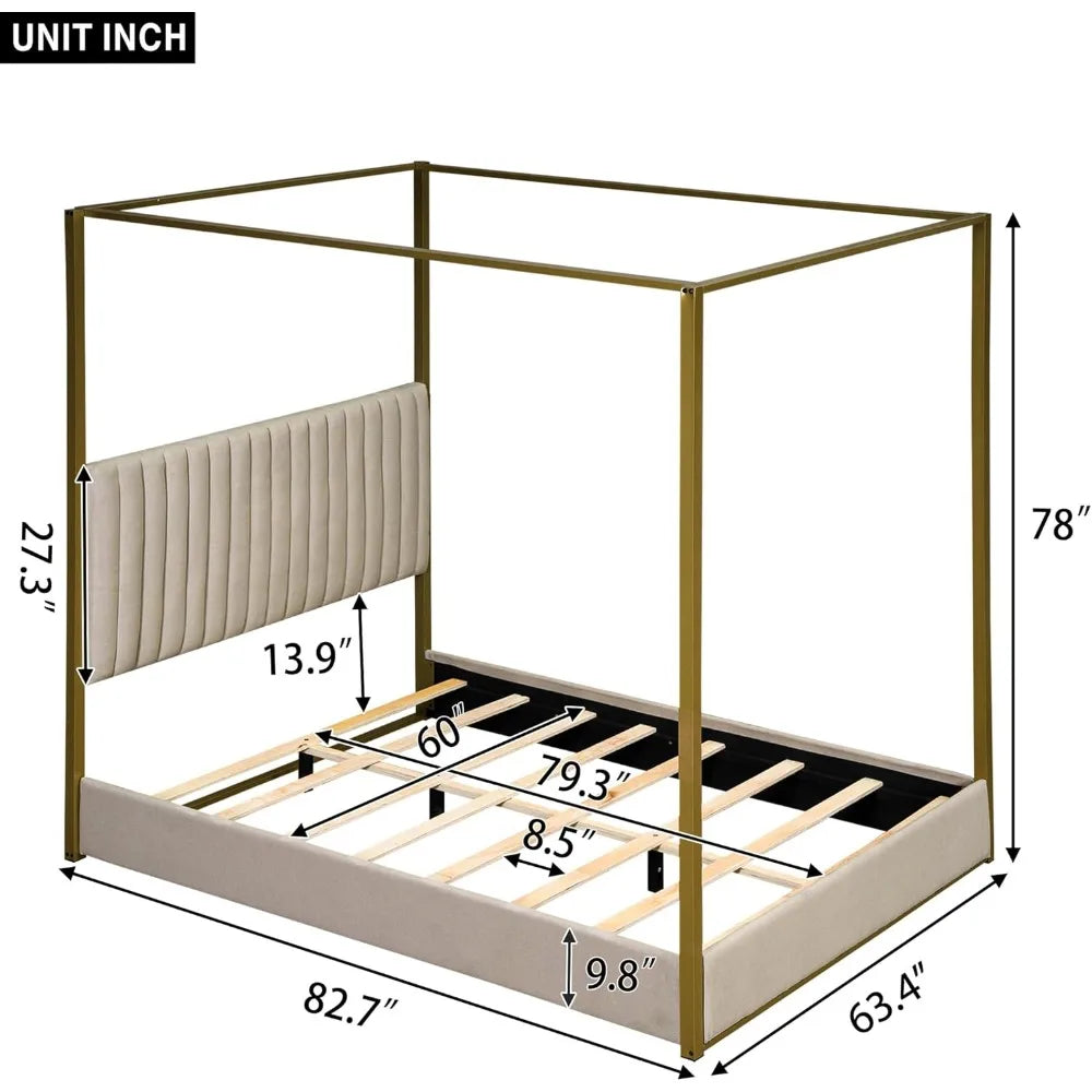 Contemporary Queen Upholstered Canopy Bed with Headboard and Metal Low Profile Platform