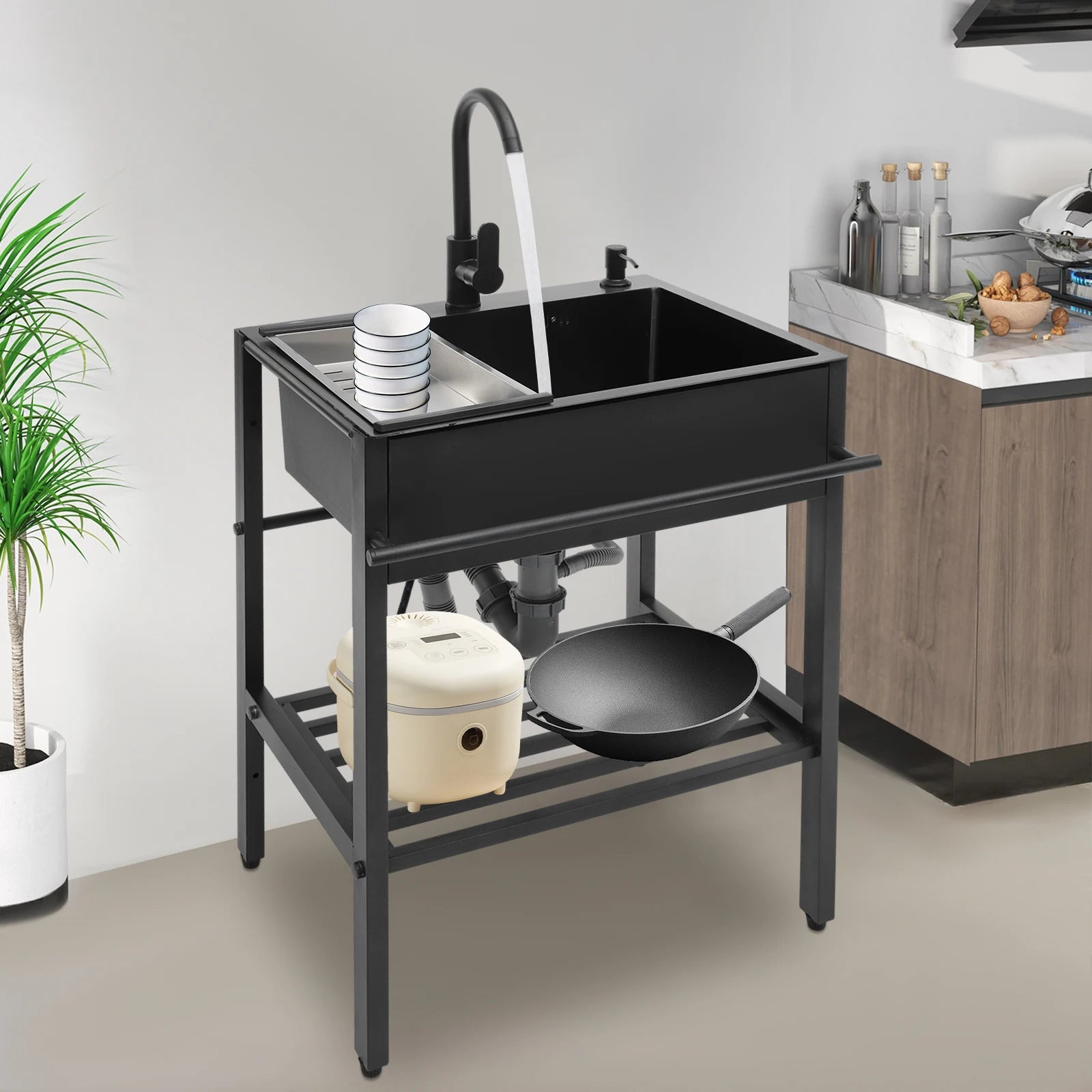 60x45cm Freestanding Stainless Steel Sink with Black Faucet Soap Dispenser Utility Kitchen Laundry Sink