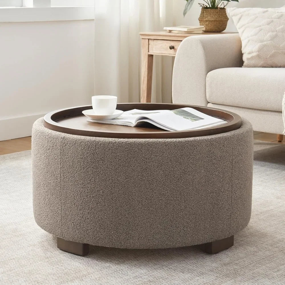 30 Inch Round Storage Ottoman Coffee Table, Modern Boucle Ottoman with Lift-Off Lid and Solid Wood Legs for Living ，Customized