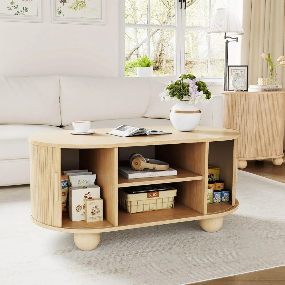 Mid-Century Modern Coffee Table with Fluted Design and Storage for Living Room