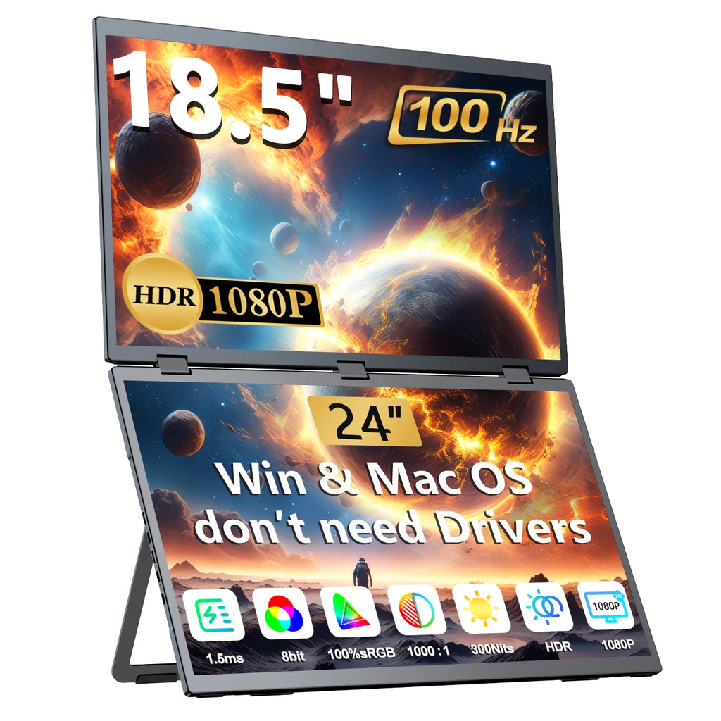 18.5" Triple Portable Monitor 100Hz 1080P Large Folding Stacked External Mobile Computer Display for Laptop PC Phone Game Consol