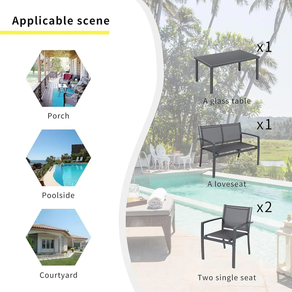 4-Piece Outdoor Patio Set with Glass Table, Loveseat & 2 Chairs for Garden, Lawn, Porch in Gray